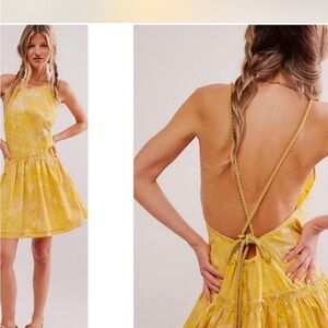 Free People deserted island, Yellow Backless Halter Sundress rope tie open back